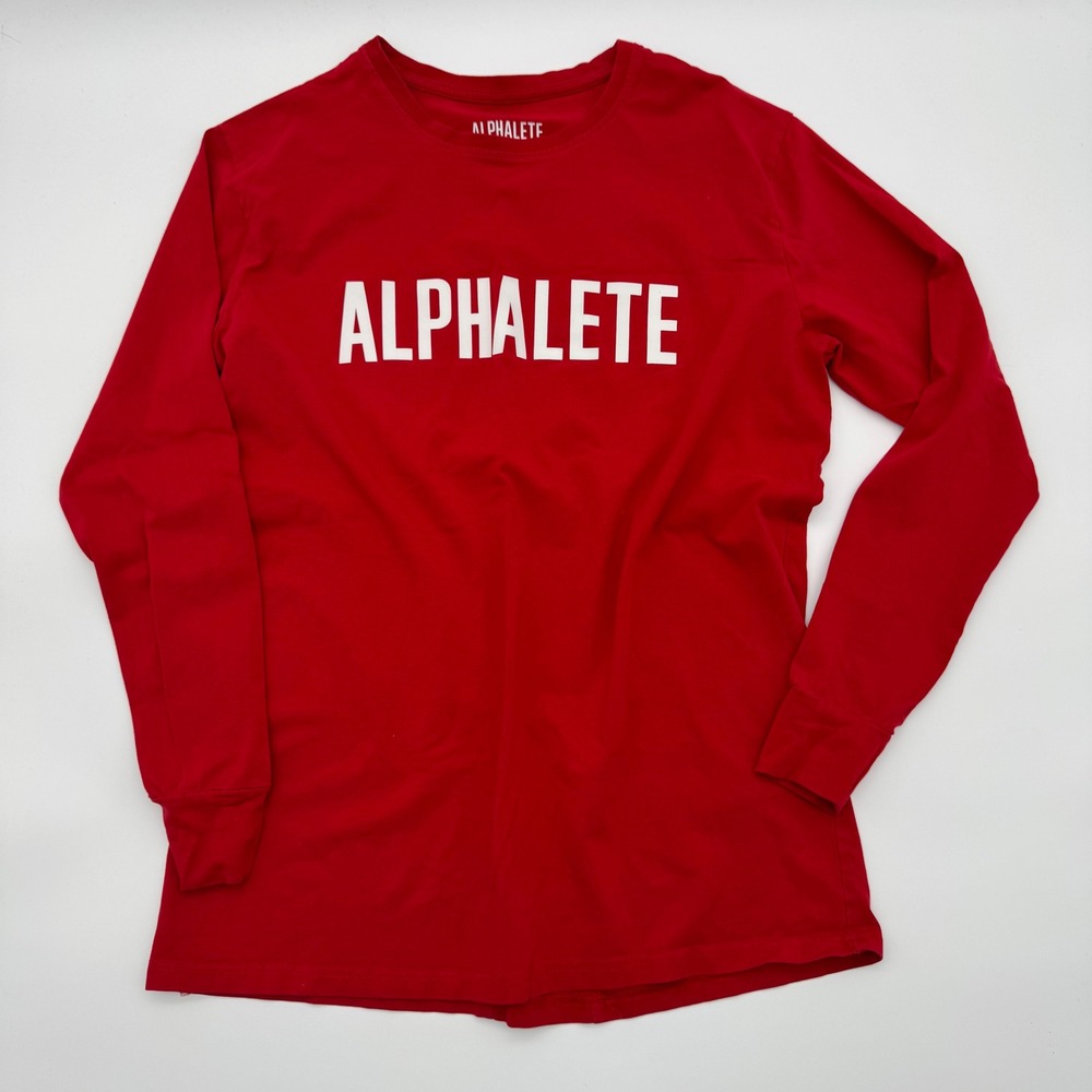 Alphalete Mens Long Sleeve Performance Fit Shirt Red White Logo Gym Top Size M